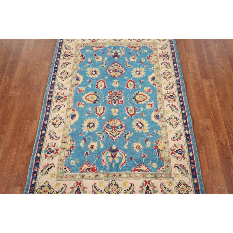 Light Blue Kazak Traditional Accent Rug Hand-Knotted Wool Carpet - 3'5" x 4'11"
