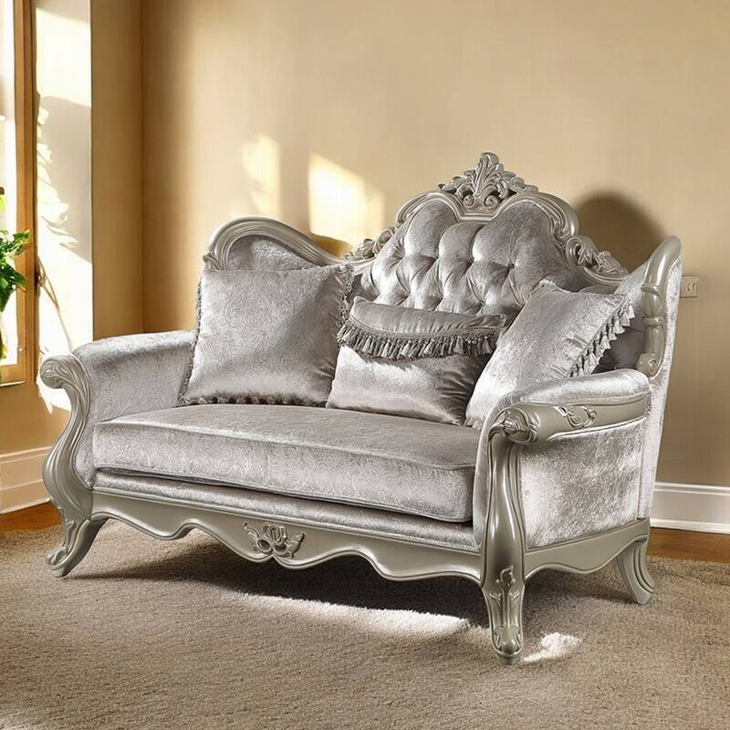 Upholstered Loveseat with Button Tufted Back in Beige and Champagne