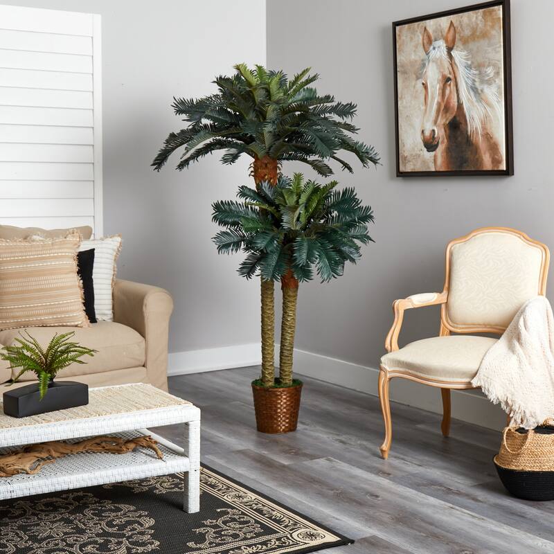Silk Sago Palm Tree with Double Pots - 6ft & 4ft Indoor Faux Plant Decor - 6ft.