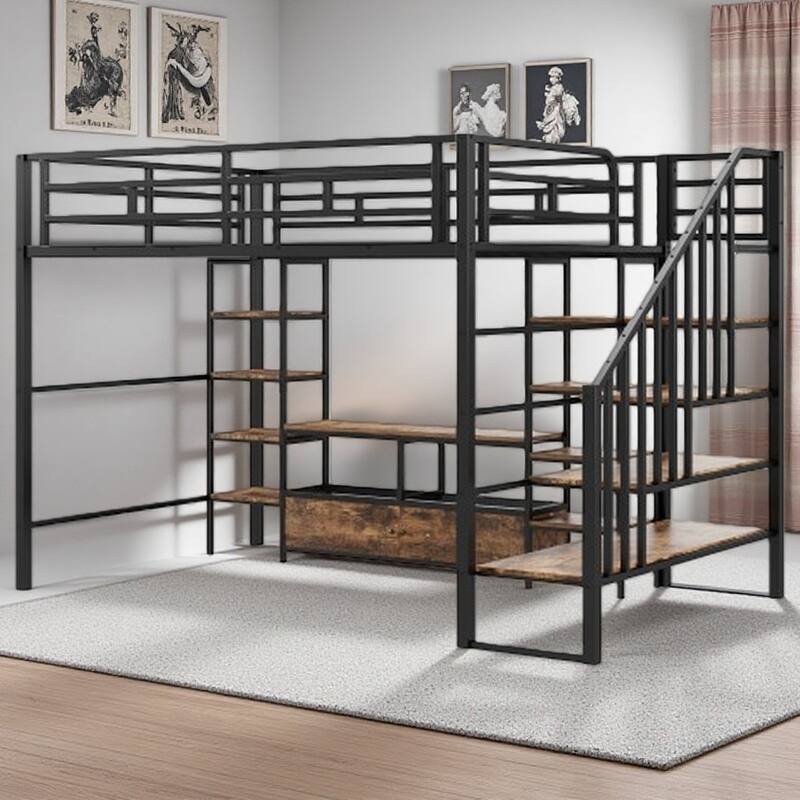 Full-Size Metal Loft Bed with Staircase, Built-In Low Storage Desk, and Multi-Tier Shelving for Space-Saving Versatility - Black