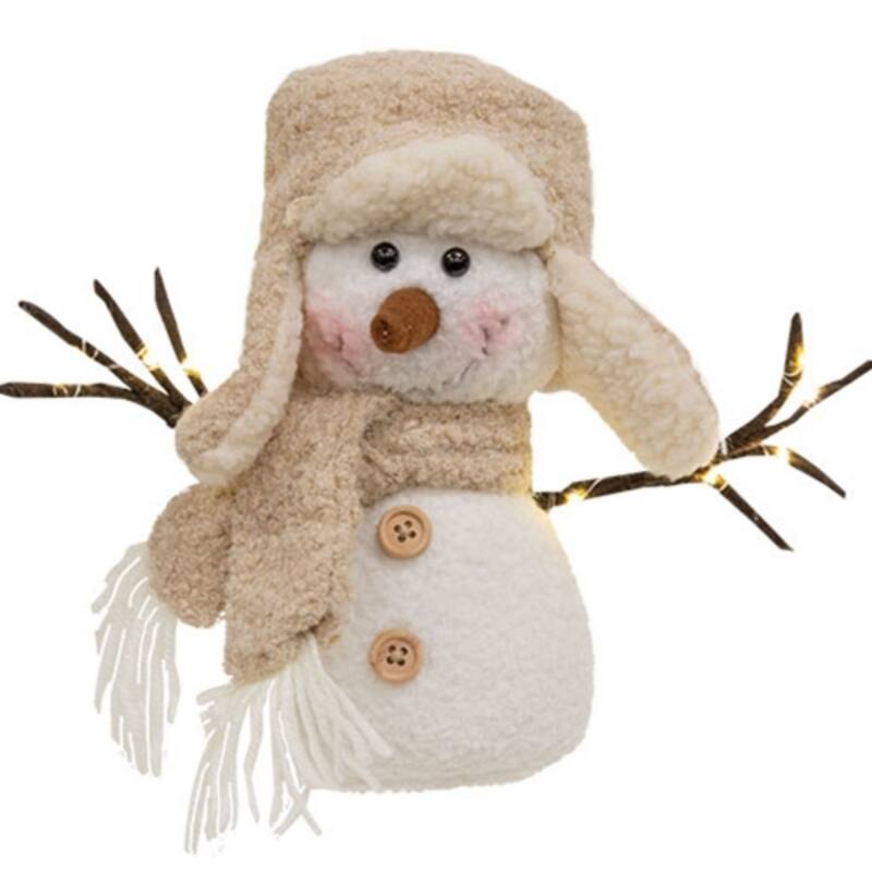 Fuzzy Plush Trapper Hat LED Snowman with Arms Christmas Decor - 3.50” x 3.50” x 8” - Beiege-White