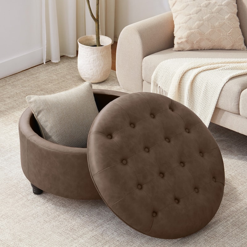 Tufted Round Storage Ottoman, Faux Leather