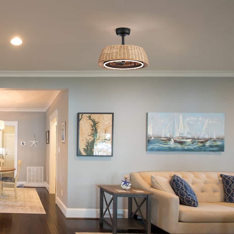 20-IN 3-Blade Rattan Caged Ceiling Fan with Dimmable LED Light and Remote