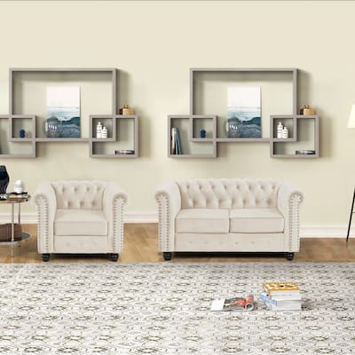 Morden Fort Classic Tufted Velvet Upholstered Chesterfield Club Chair Loveseat 2 Pieces with Nailhead for Living Room