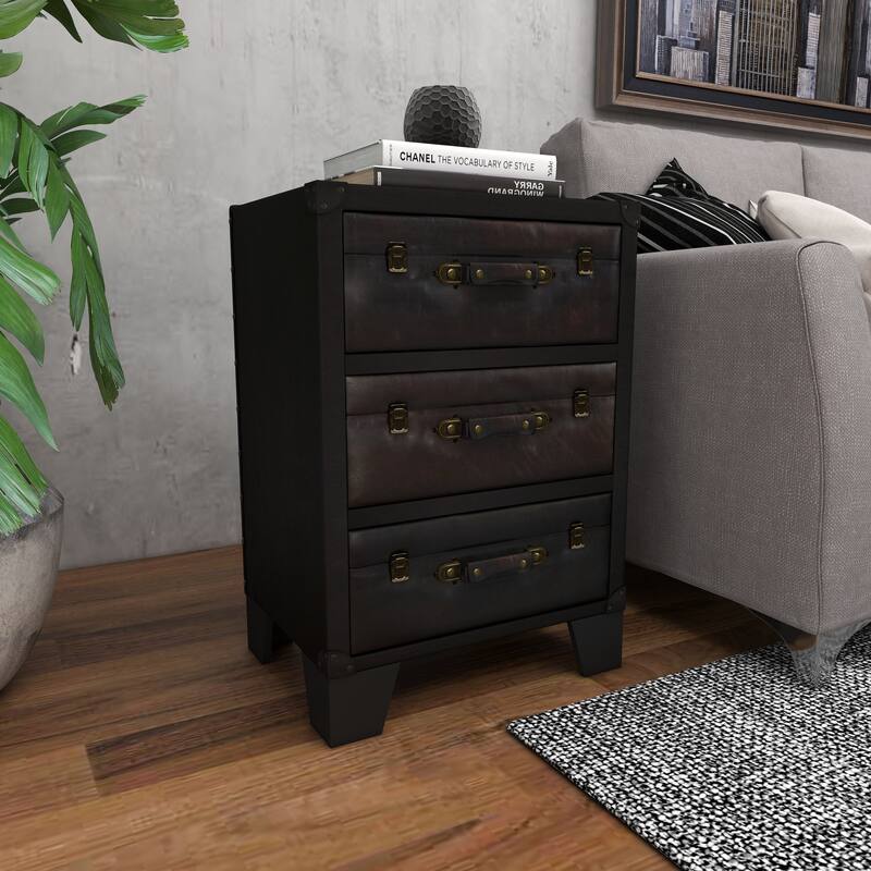 Dark Brown Faux Leather Vintage Faux Leather Cabinet with Buckles and Straps Detailing