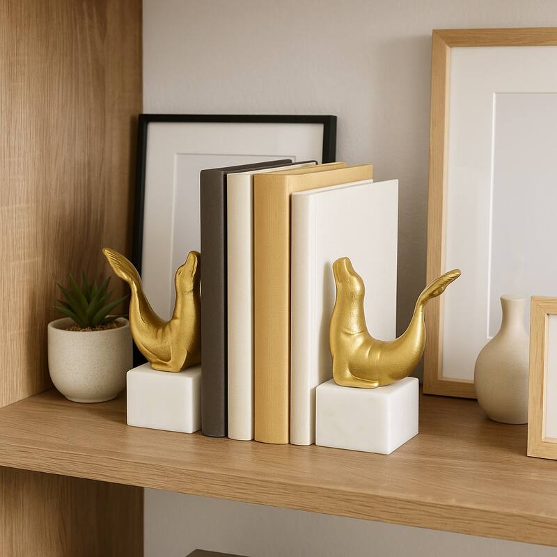 Decorative Sea Lion on Marble Base Bookends - Set of 2", 10", Gold - 10.0"