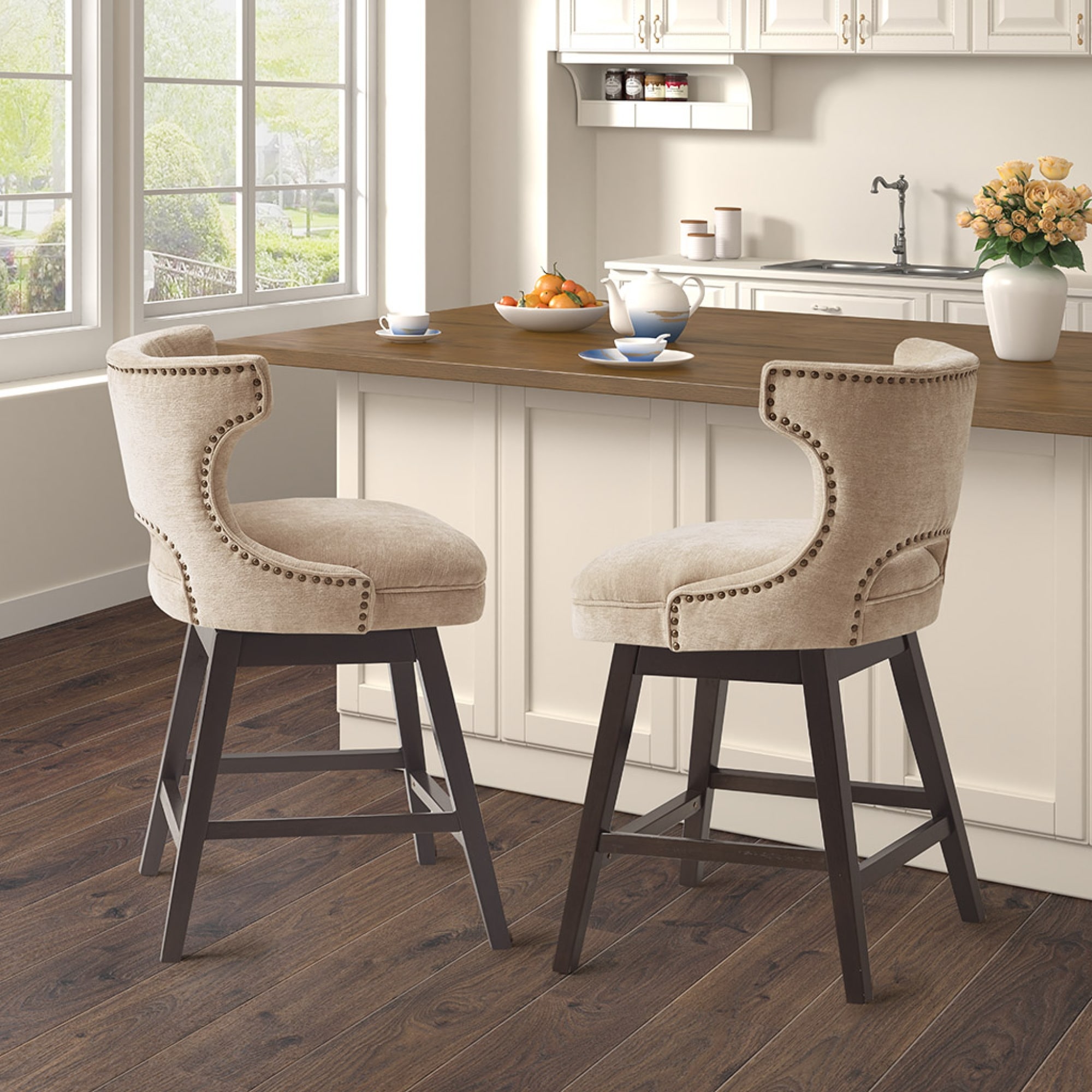 25.75-Inch Polyester Swivel Counter Stool with Nailhead Trim, Footrest ...