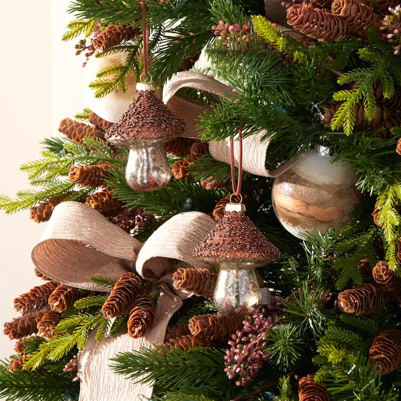 Brown Glass Beaded Mushroom Ornaments Set of 6 with Mercury Finish - 3” x 3” x 4” (L x W x H)