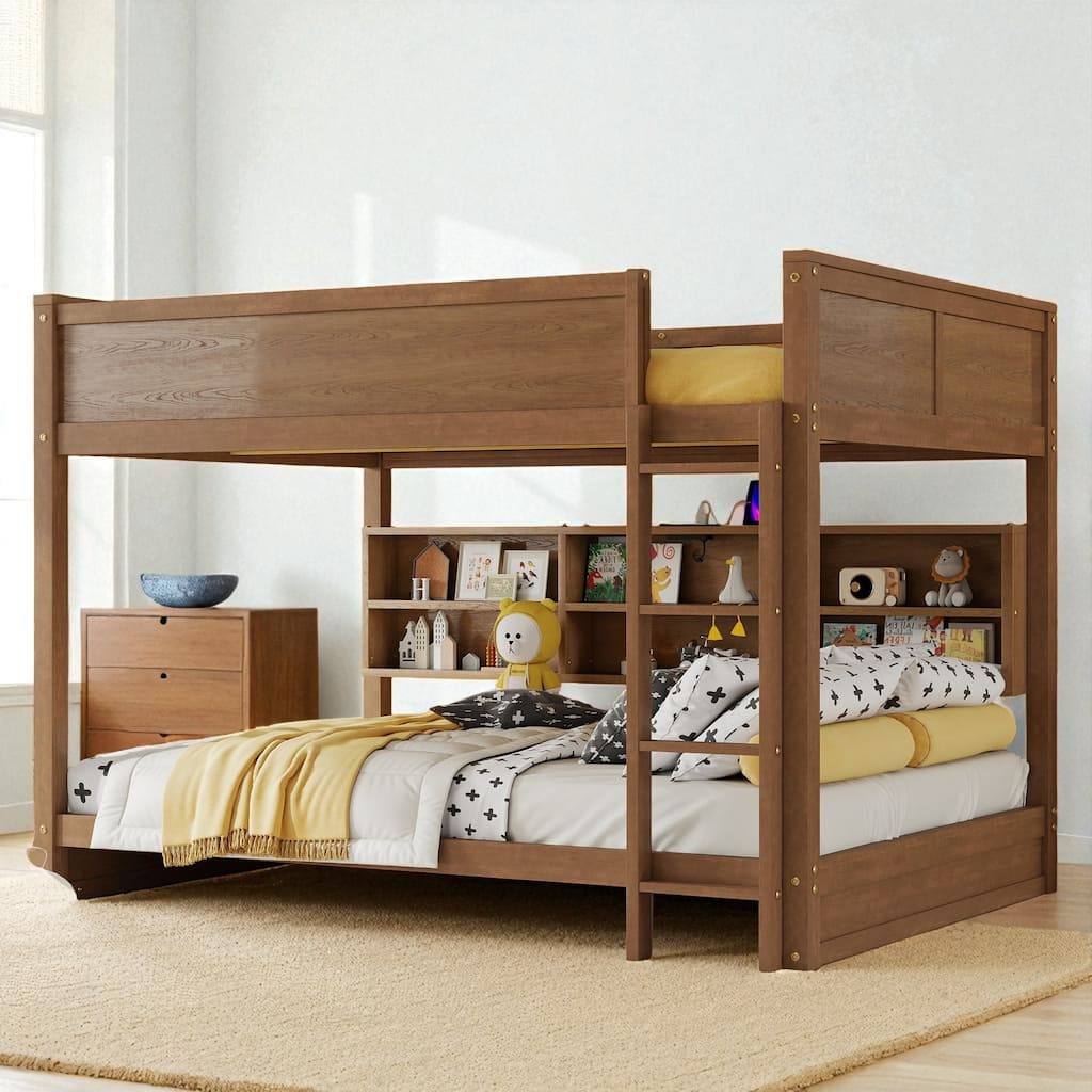 Queen Over Queen Bunk Bed with Storage Cabinets, Charging Station, Ladder and Guardrails, Solid Pine Wood Frame