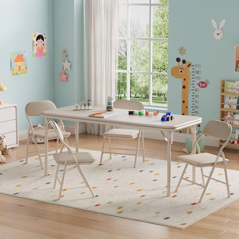 5 Piece Boys Girls Folding Table and Chairs Set, Activity Table and Chairs Set - Beige