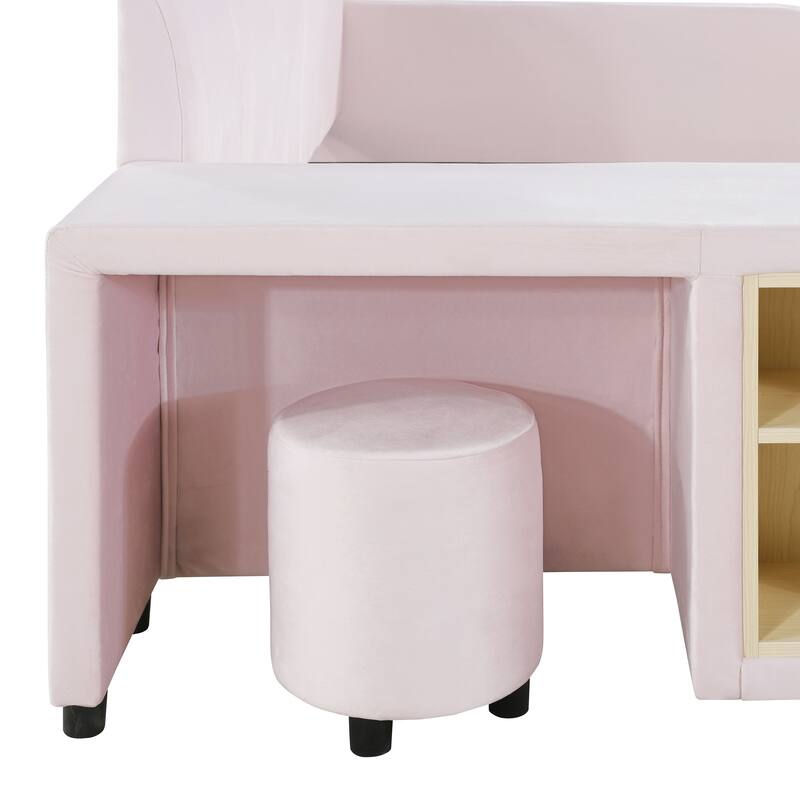 Mother & Child Bed Frame, Velvet Upholstered Grounded Bed, Bedside Desk and Little Round Stool,Wood Low Profile Bed Platform Bed