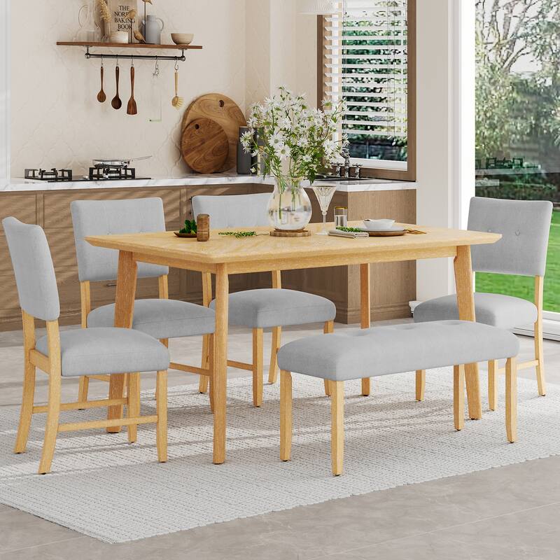 6 Piece Dining Room Table Set, Rustic Farmhouse Dining Room Rectangular Table with 4 Upholstered Chairs and Bench, Solid - Natural