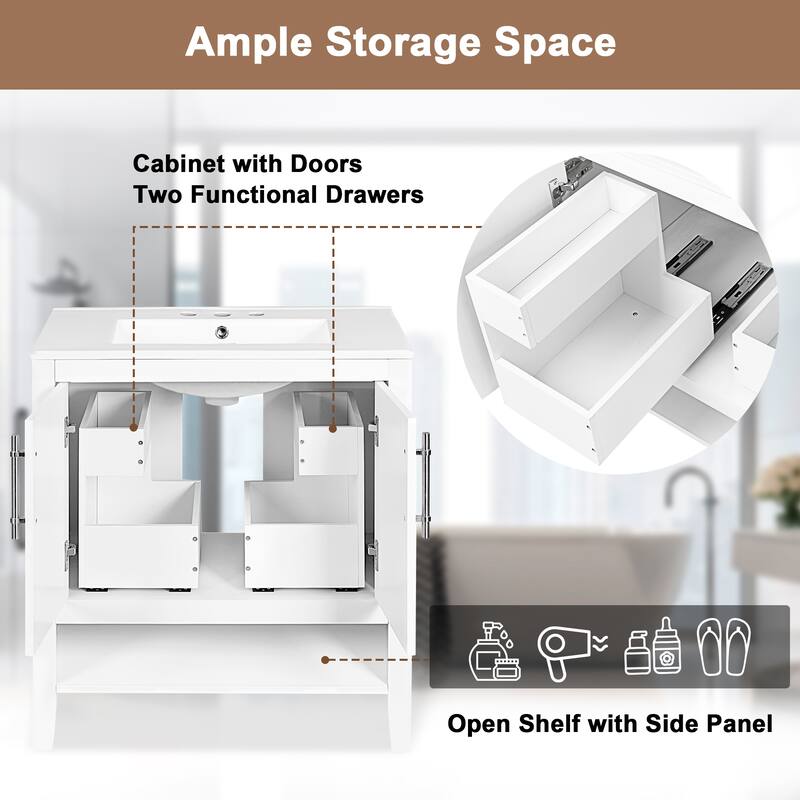 30-inch Freestanding Vanity for Bathroom with Sink, Storage Cabinet with 2 Built-in Drawers, Open Shelf and Silver Handles