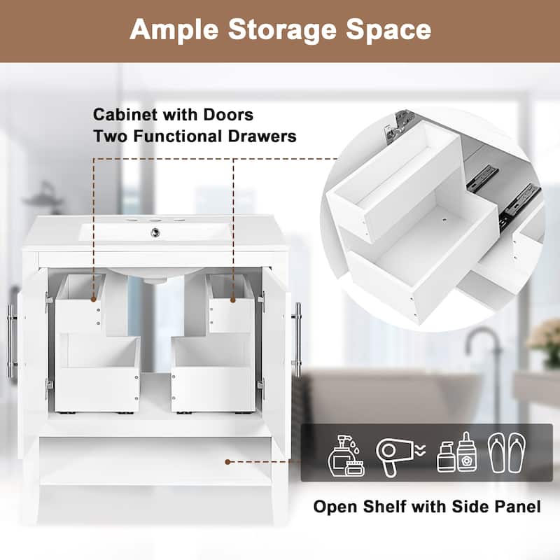 Roomfitters 30" Bathroom Vanity with Sink, Cabinet with Doors and Drawers, Multi-Functional MDF Frame and Storage, White