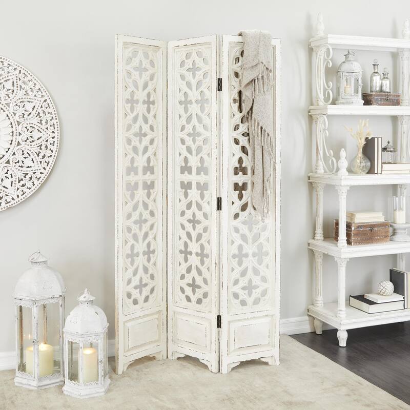 White Wood Hinged Foldable Partition 3 Panel Floral Room Divider Screen with Intricately Carved Designs - 45 x 1 x 75 - 45 x 1 x 75 - White