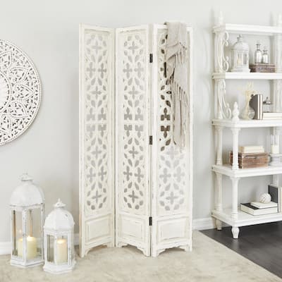 White Wood Hinged Foldable Partition 3 Panel Floral Room Divider Screen with Intricately Carved Designs - 45 x 1 x 75