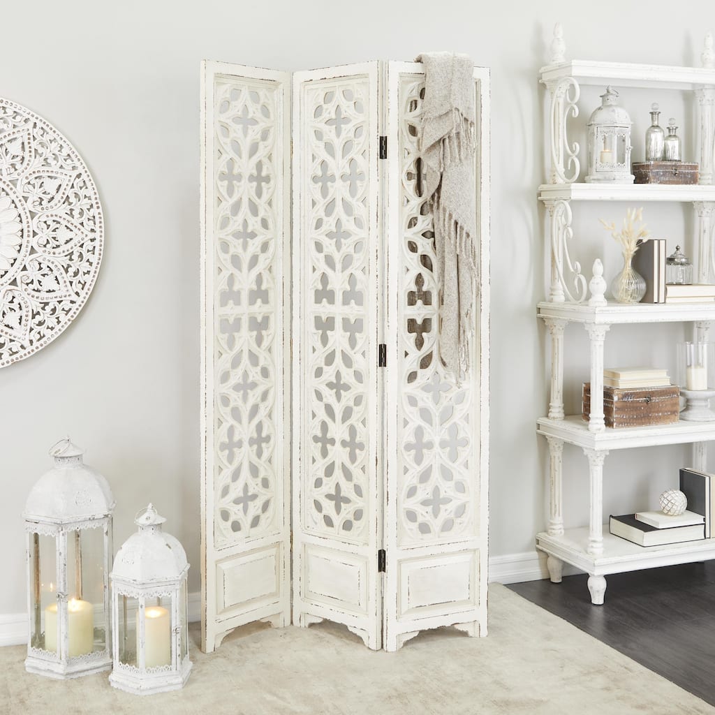 White Wood Hinged Foldable Partition 3 Panel Floral Room Divider Screen with Intricately Carved Designs - 45 x 1 x 75