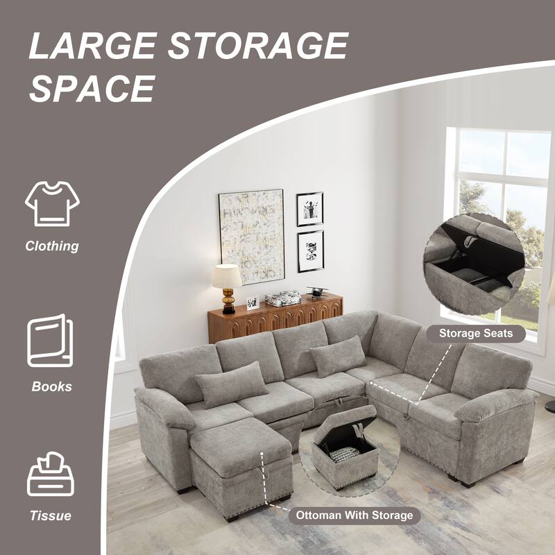 97 Inch L-Shaped Sectional Sofa with Storage Ottoman, Chenille, 7 Seats, Grey
