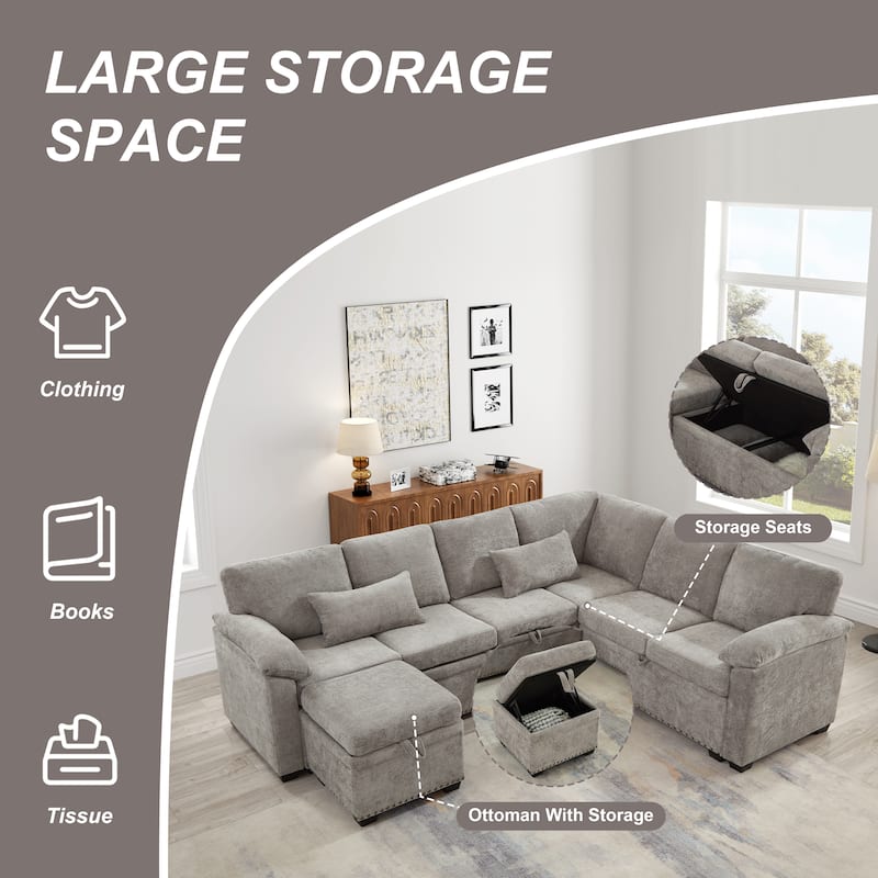L-Shaped Chenille Sectional Sofa with Pull-Out Bed, Upholstered Convertible 7-Seater Sofa with Storage Ottoman & 2 Pillows