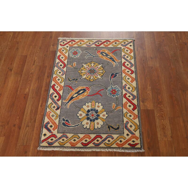 Gray Floral Kazak Oriental Foyer Rug Hand-Knotted Wool Carpet - 2'0"x 3'0"