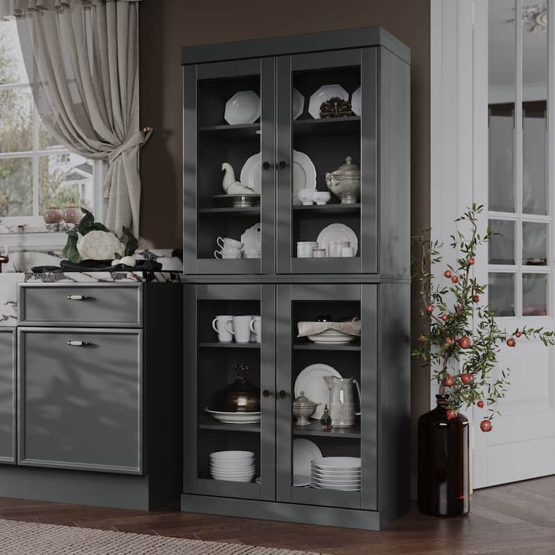 Palace Imports 100% Solid Wood Pantry Cabinet with Frosted, Clear Glass or Solid Doors and Adjustable Shelves - Gray - Clear Glass