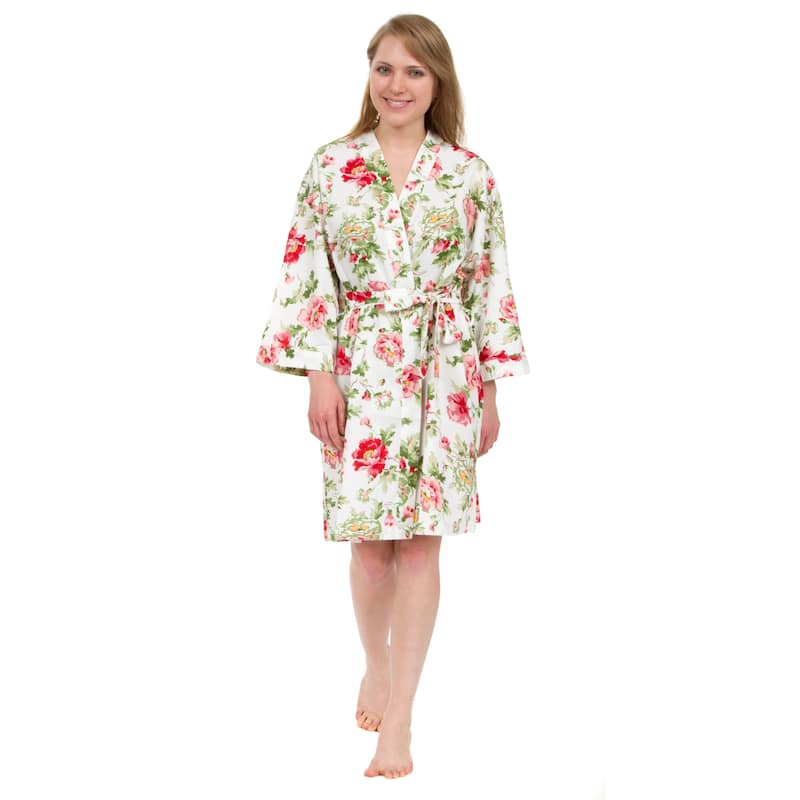Leisureland Women's Cotton Poplin Robe, Short Kimono Floral Robe - XXL - White