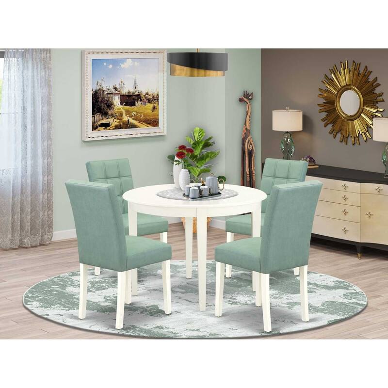 HomeStock 5-Piece Linen White Solid Wood Top - Round Dining Room Set - Seats-4