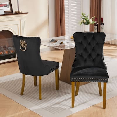 High-end Tufted Solid Wood Contemporary Velvet Upholstered Dining Chair with Golden Wooden Legs Nailhead Trim 2-Pcs Set