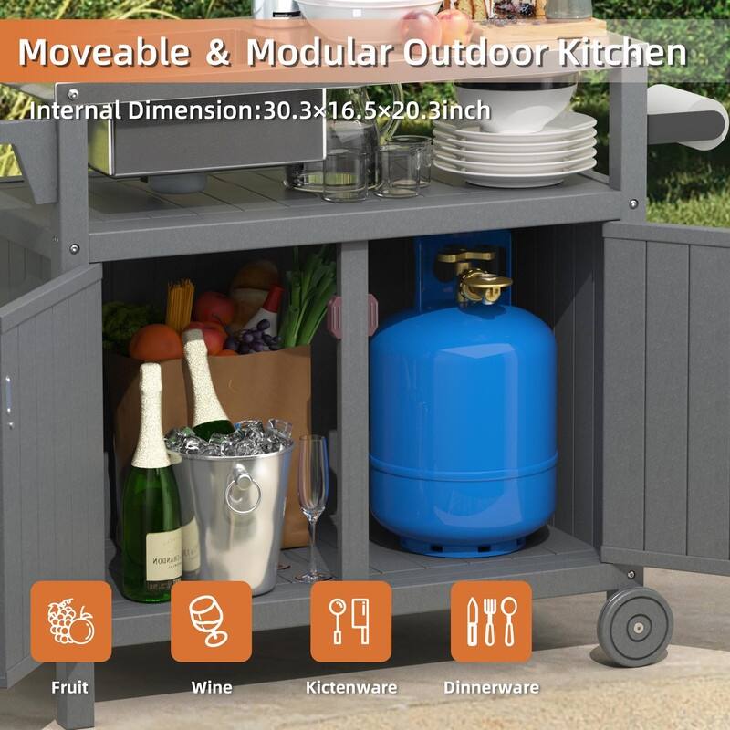 HDPE Outdoor Grill Cart with Sink,Cabinet and Cover, 42 inch Freestanding Modular Kitchen Sink Station in 304 Stainless Steel