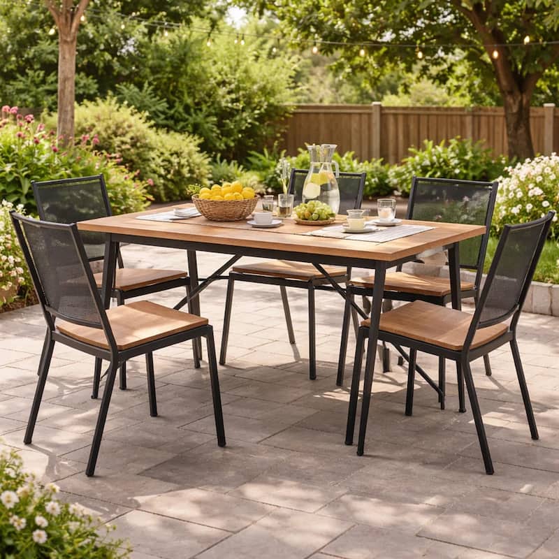 Cala Outdoor Coffee Table, 36 Inch Brown Acacia Wood, Black Metal