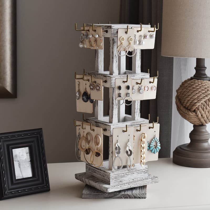 Natural Wood Rotating 36 Hooks Jewelry Tower