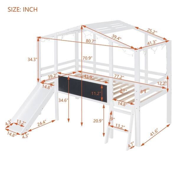 dimension image slide 1 of 2, Twin Loft House Bed with Slide, Blackboard, Light Strip, Ladder