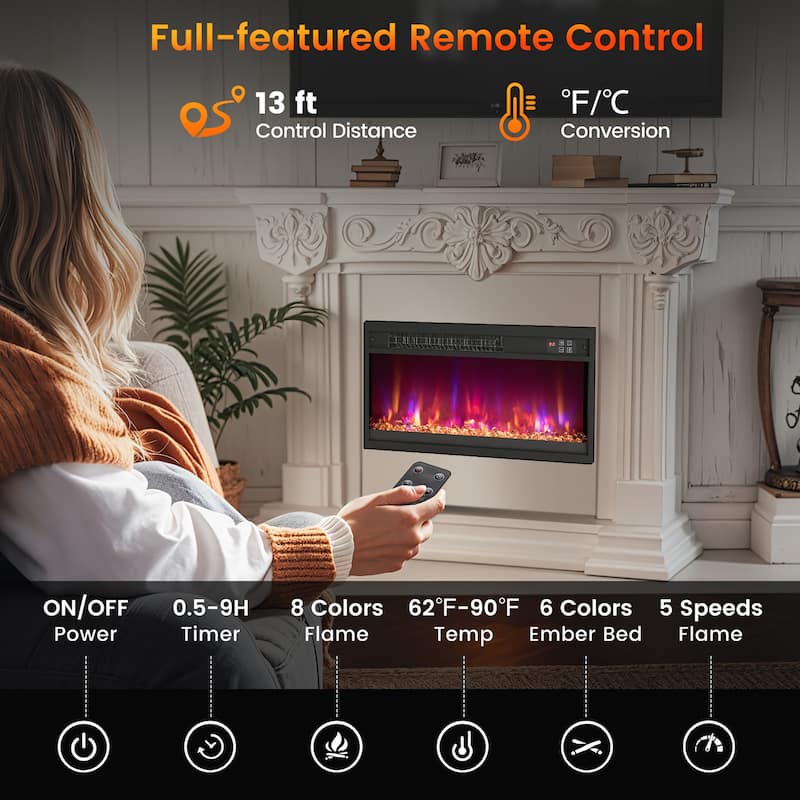 Gymax 23'' Electric Fireplace Insert Recessed 1500W Fireplace Heater