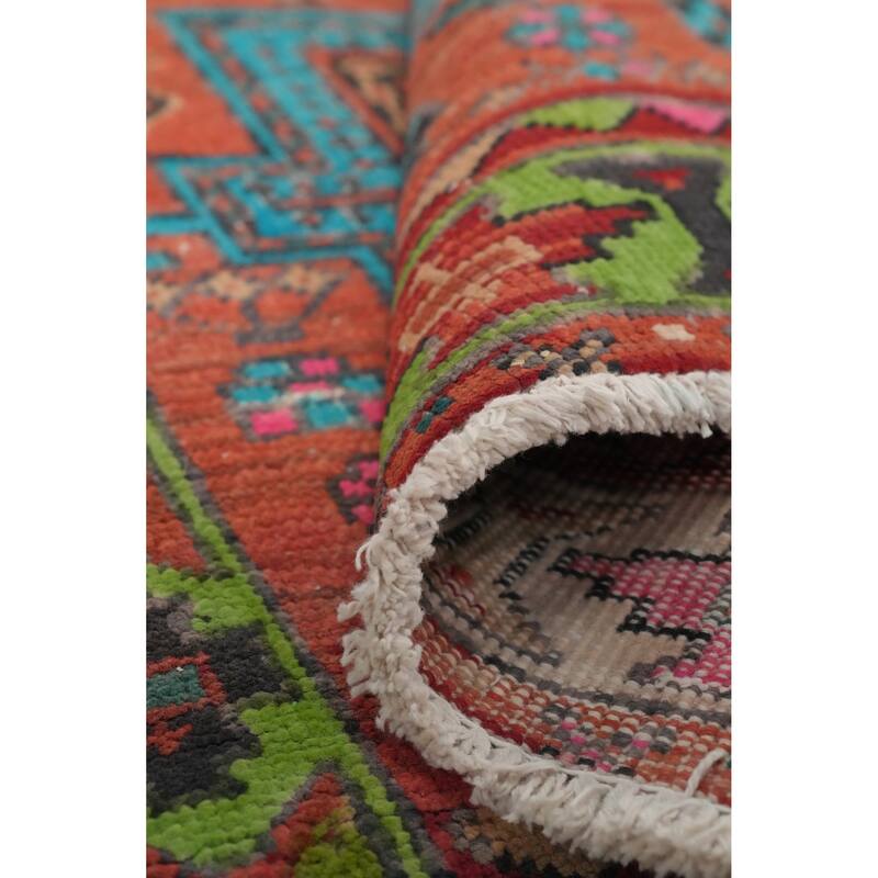 Hand Knotted Oriental 100% Wool Carpet Traditional Geometric Oranges & Rust Heriz Runner Rug - 8' 8'' X 3' 0''