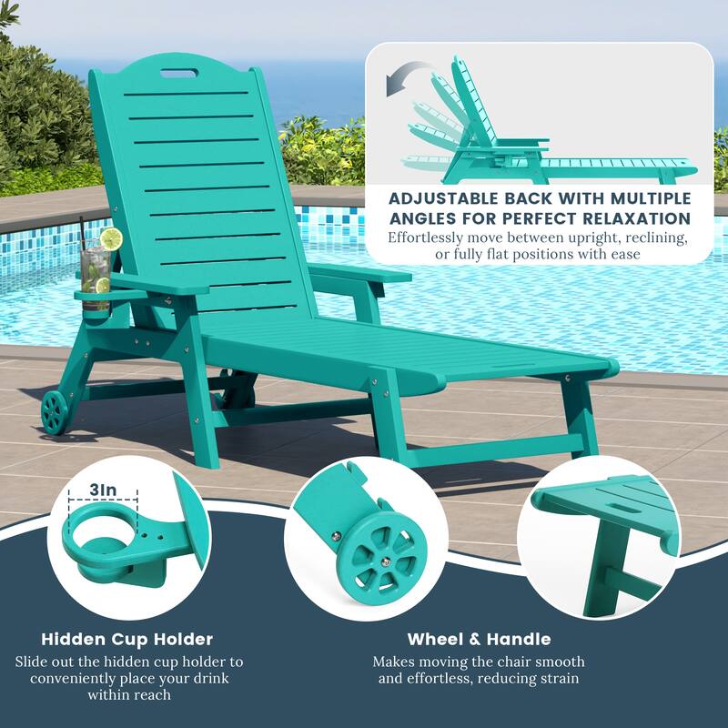 Brighton Outdoor Poly Reclining Chaise Lounge with Wheels & Cup Holder