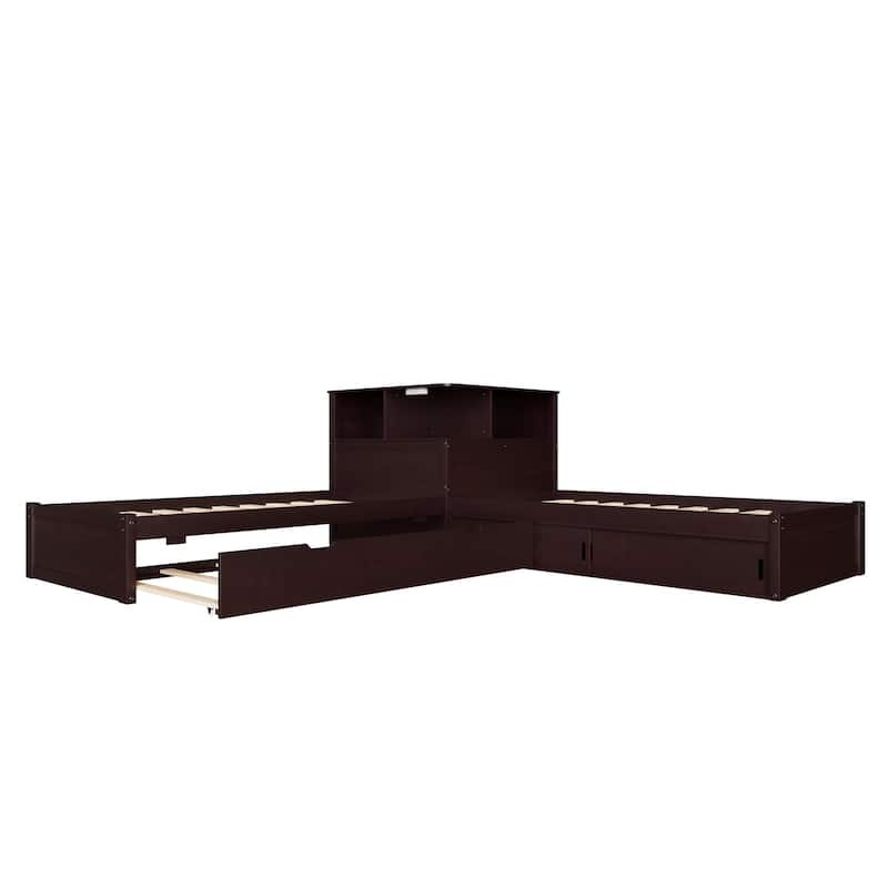Roomfitters Twin L-Shaped Platform Bed with Trundle, Storage Cabinets and LED Desk