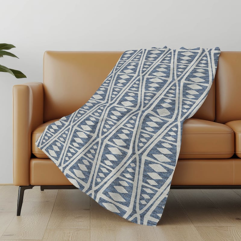 Premium Machine Washable ASB112 Modern Boho Sherpa Throw Blanket - Blue - 4'2" x 5'10"
