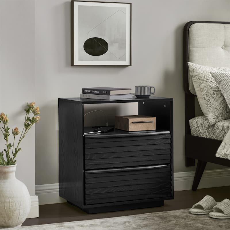 Nightstand with Charging Station and Outlet Hole and 2 Solid Wood Drawers - Black