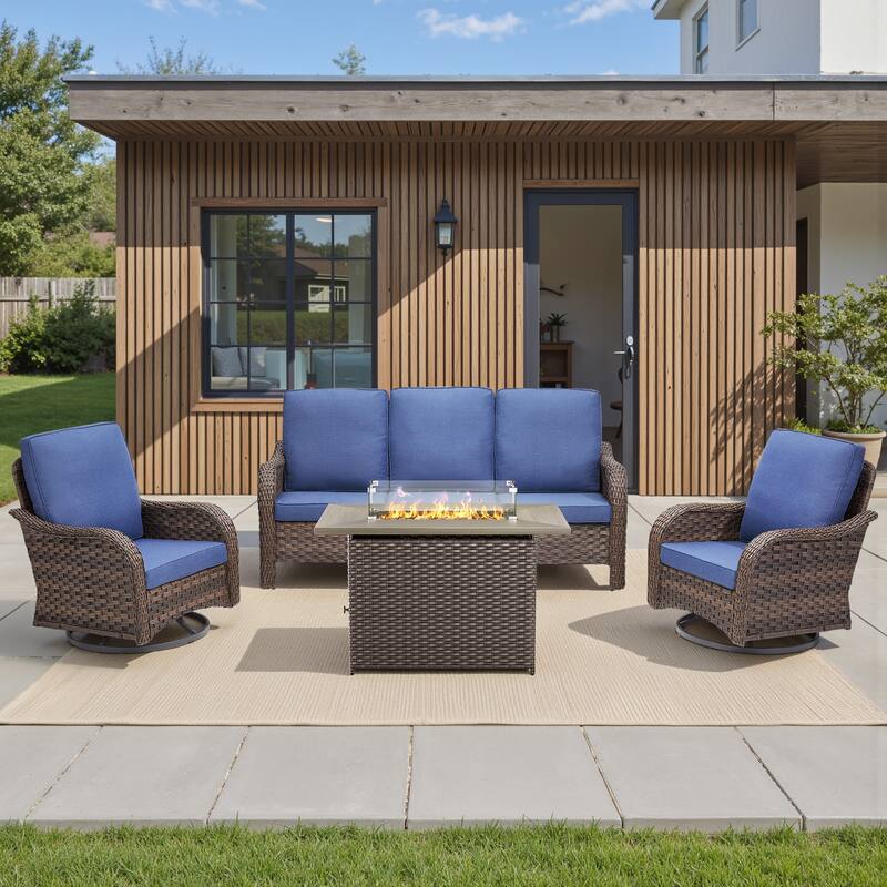 Pocassy Patio Sofa Swivel Chairs with Fire Table Funiture - Blue Cushion - Brown Wicker - 4-Piece Sofa Swivel Chair with Fire Table