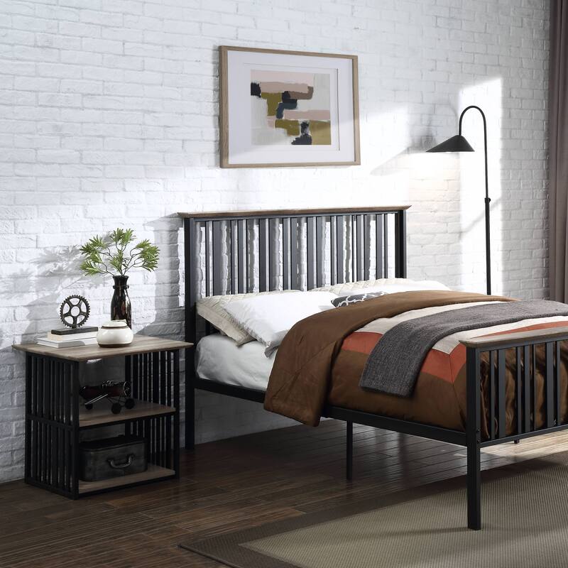 Antique Oak and Black 3-Shelf Nightstand with Metal Frame