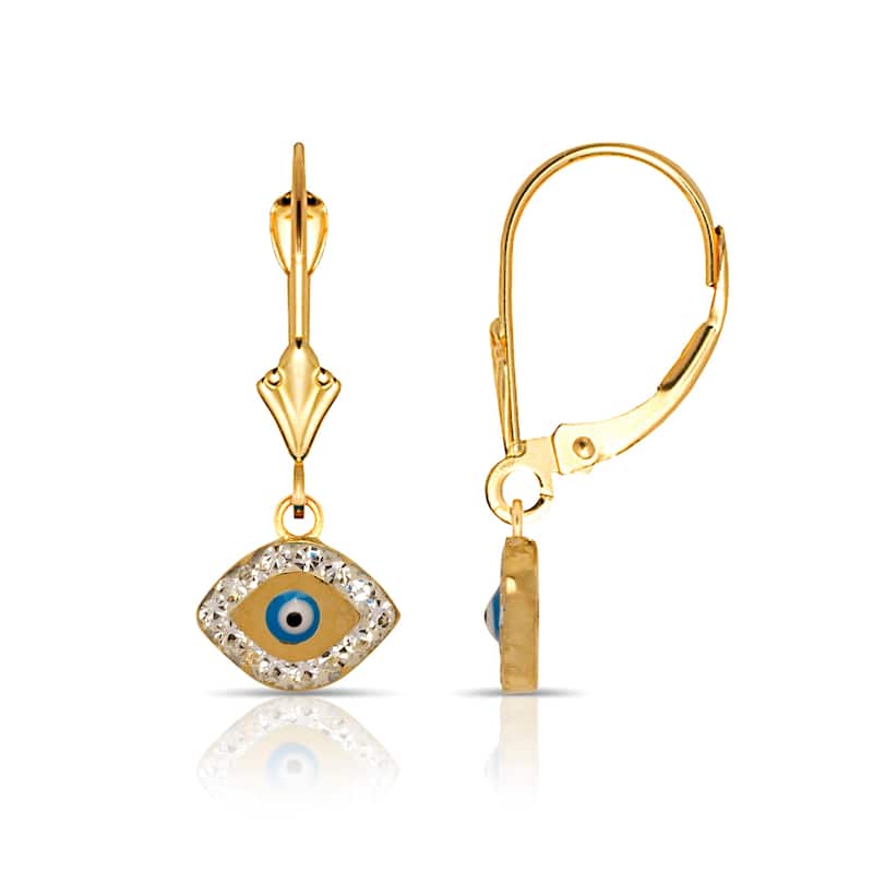 Curata 14K Gold 26x10mm Blue Enamel Cubic Zirconia Oval Evil-Eye Drop Lever Back Earrings - Orange - Yellow