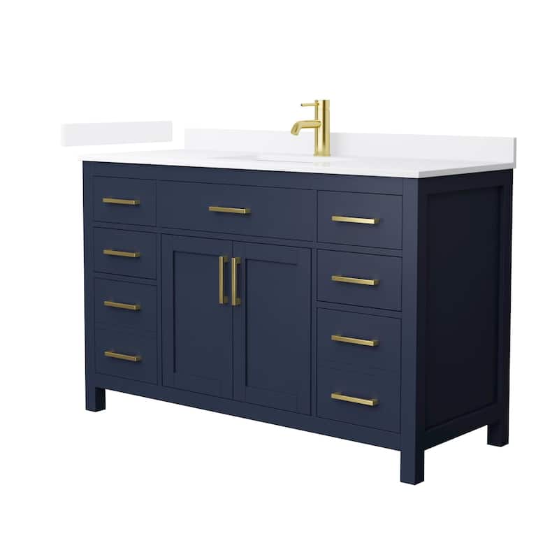 Wyndham Collection WCG2424-54S-QTZ-UNSMXX Beckett 54" Free Standing - Dark Blue / White Quartz Top / Brushed Gold
