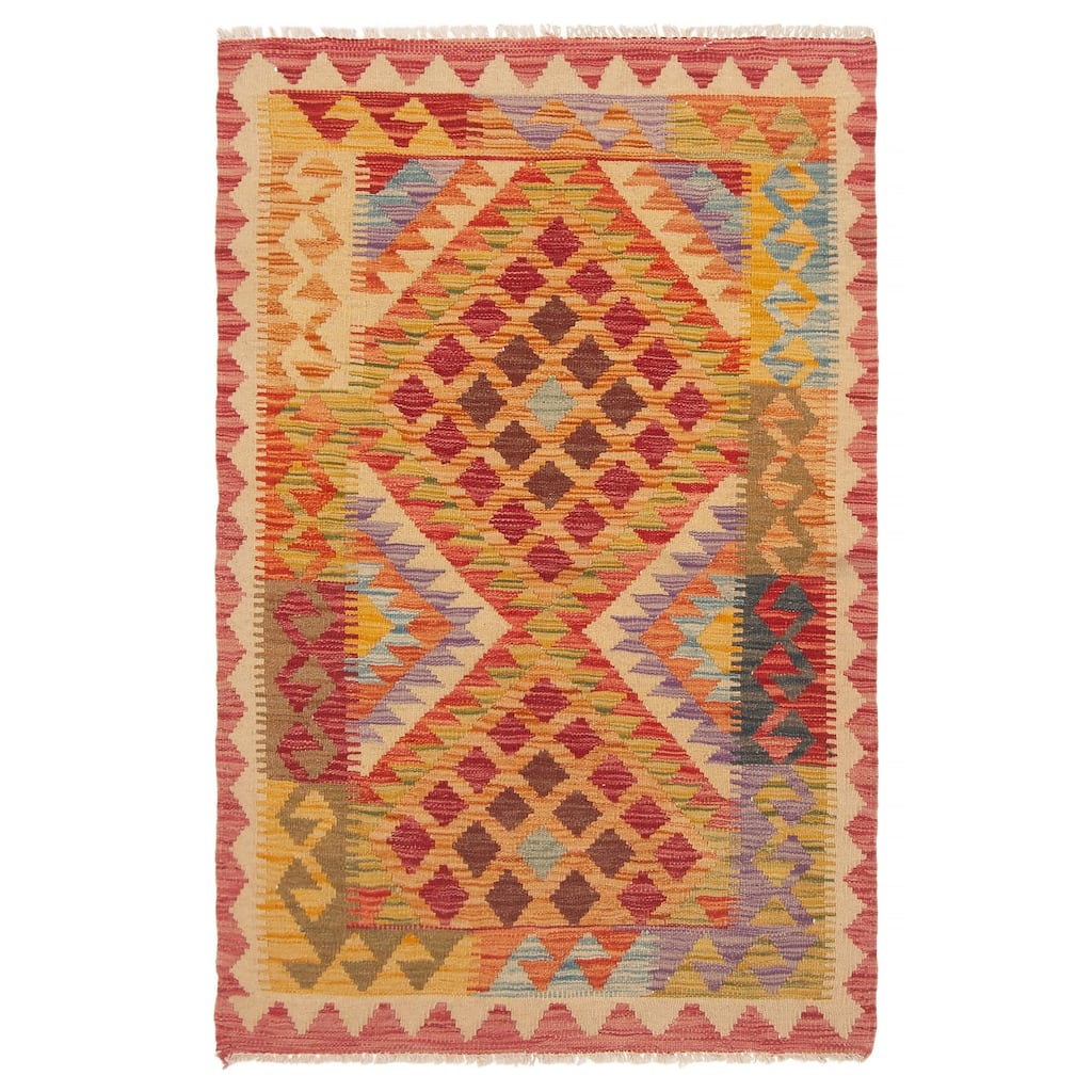 ECARPETGALLERY Flat-Weave Bold and Colorful Red Wool Kilim - 2'9 x 4'4