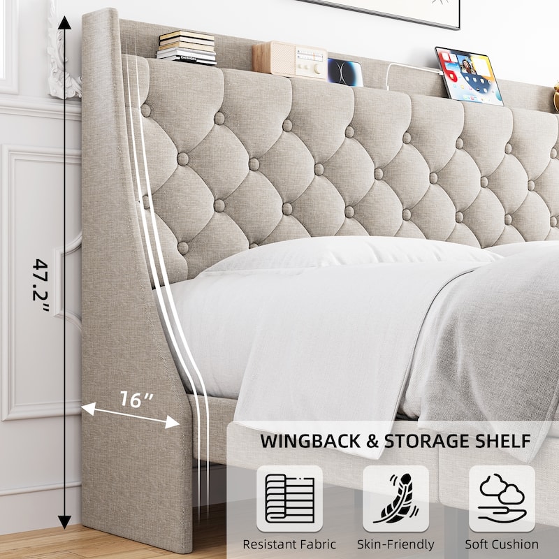 Bed Frame with Charging Station and Storage Shelf