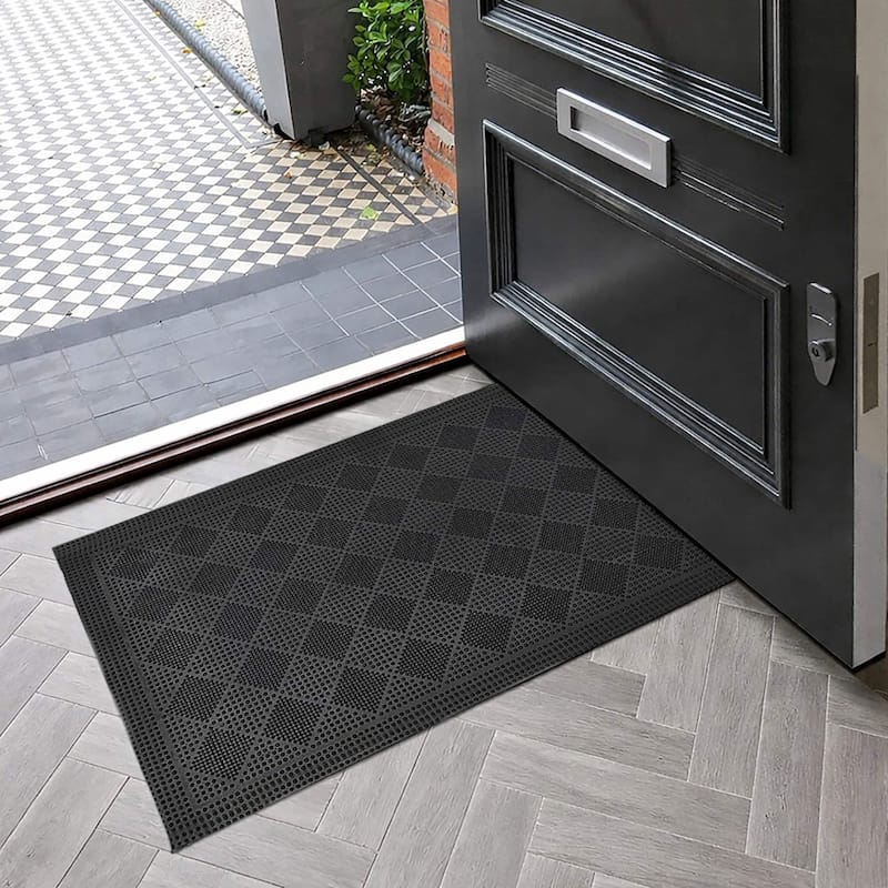 Outdoor Mat Drew Checkerboard Rubber Rug 24x16 Inch Black - 16 W x 24 L x 1/4 H