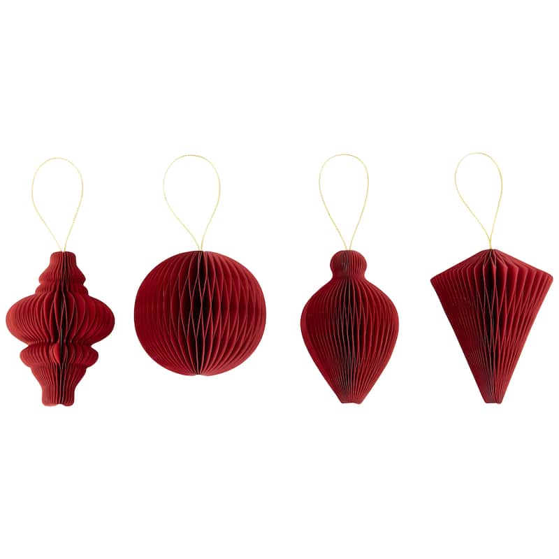 Foldable Honeycomb Paper Christmas Finial Ornaments - 4" - Red - Set of 4