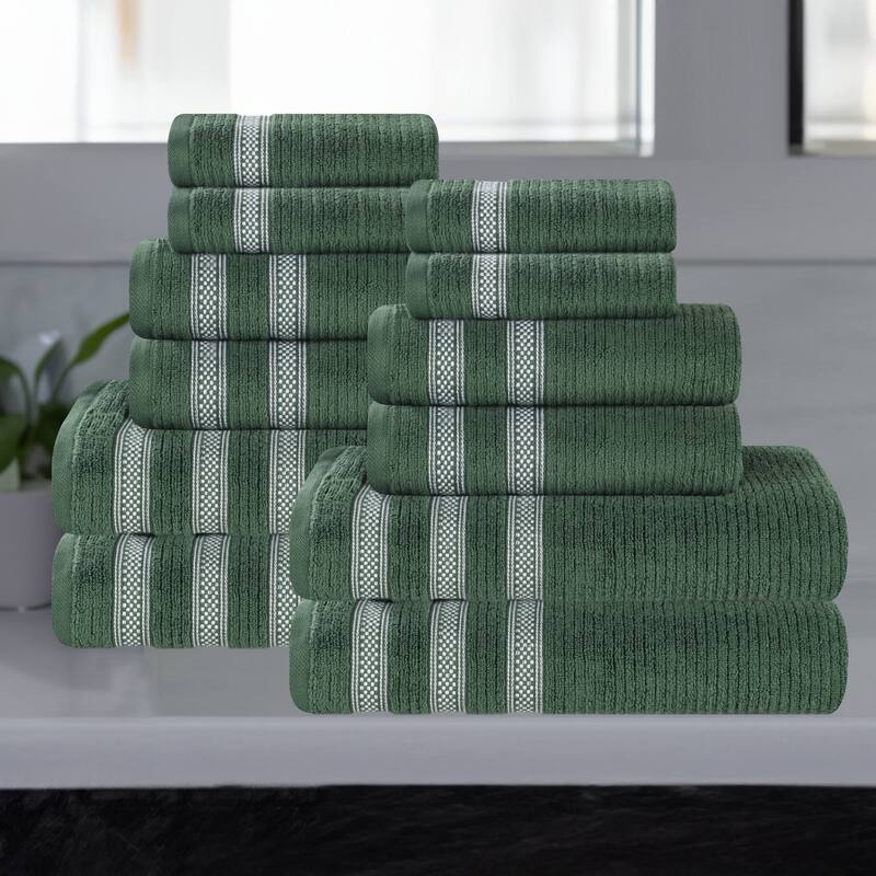 Superior Brea Zero Twist Cotton Ribbed Modern 12 Piece Bathroom Towel Set - Forest Green