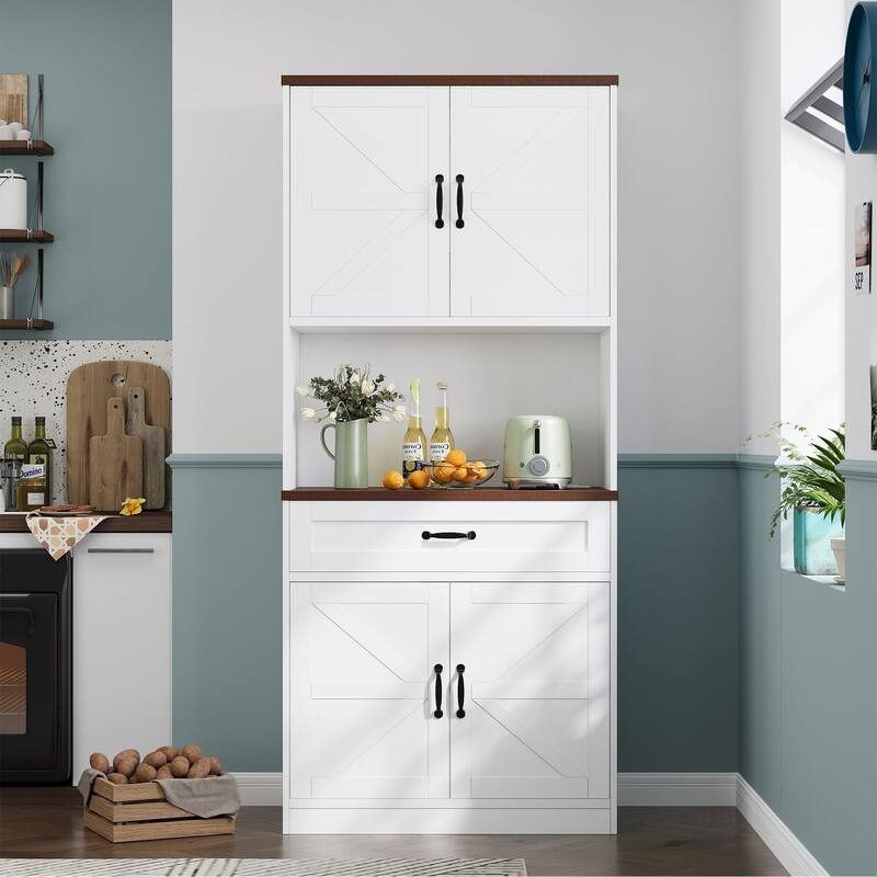 Gymojoy 70" Farmhouse Kitchen Pantry Cabinet With Operation Table & Power Outlet, Freestanding Cupboard