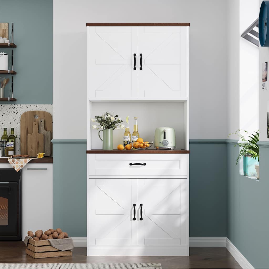Gymojoy 70" Farmhouse Kitchen Pantry Cabinet With Operation Table & Power Outlet, Freestanding Cupboard