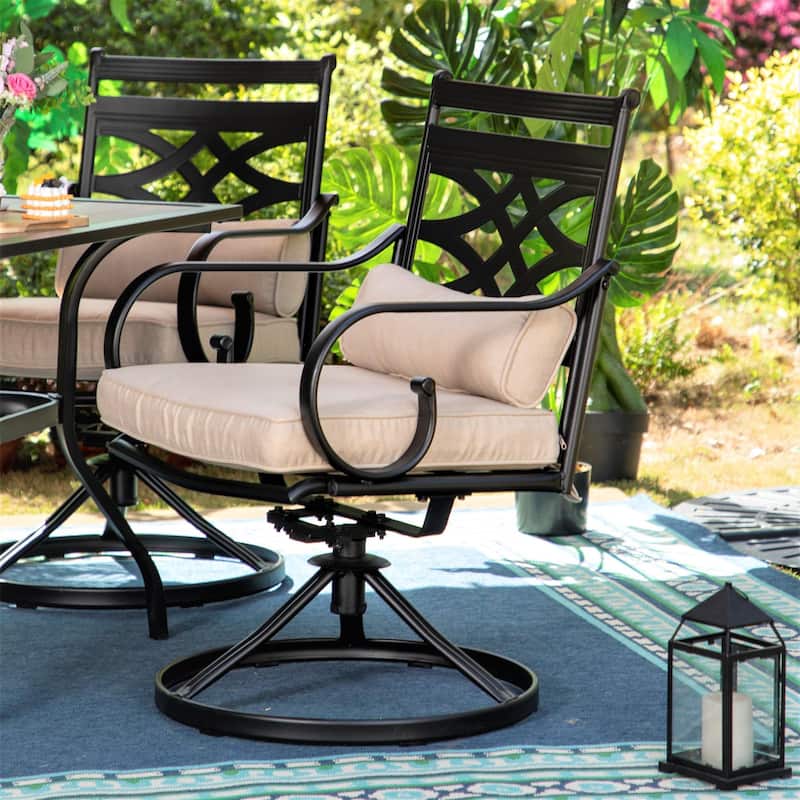 MAISON ARTS Wood-look Table and 4 Pattern Swivel Chairs with Cushion 5-Piece Metal Outdoor Patio Dining Set